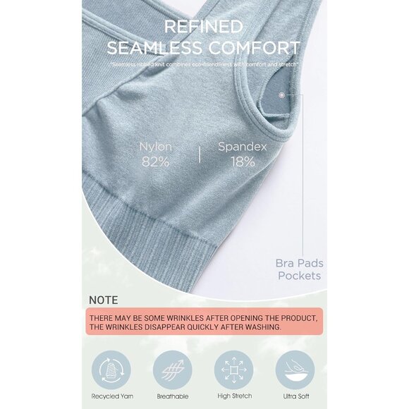 Women's Stone Washing Coast Line Square Neck Low Back Ribbed Cropped Sports Bra - Picture 5 of 5